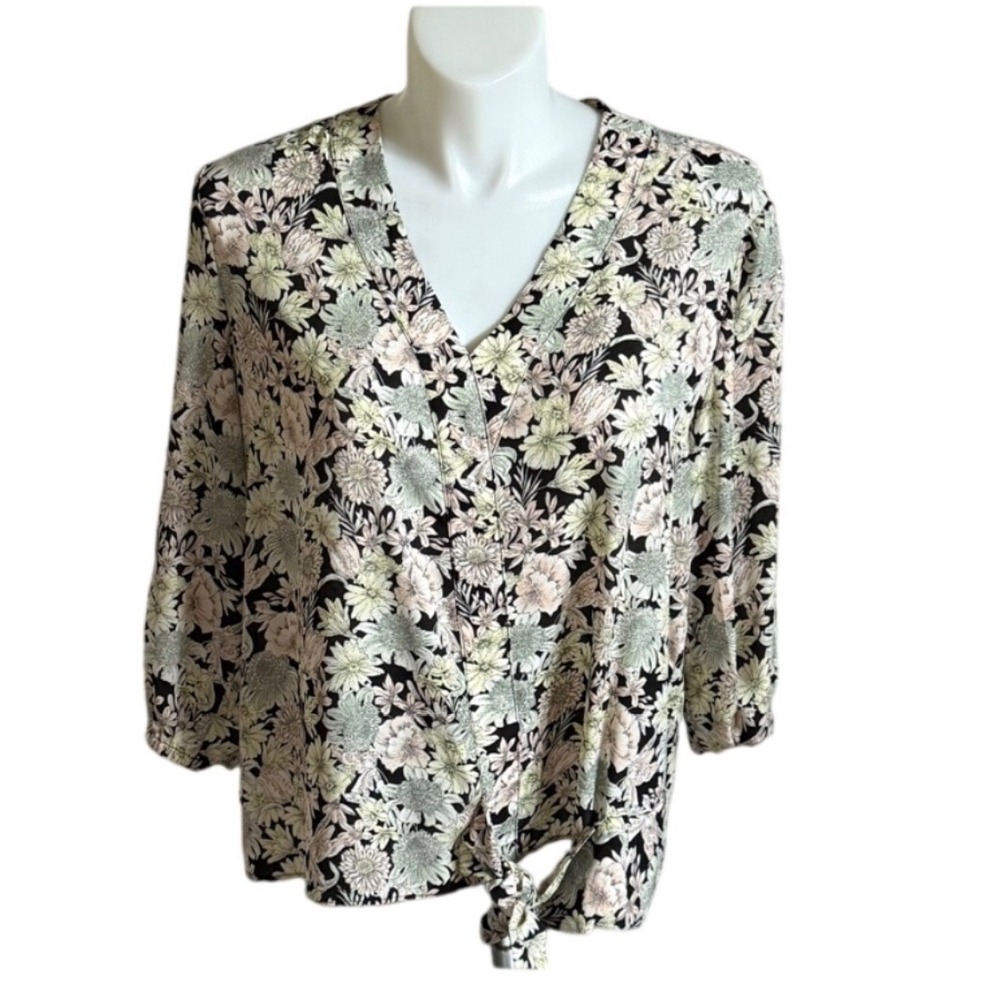 Nine West Floral V-Neck Tie Front Blouse 3/4 Sleeve Black Pink Sage Green Large